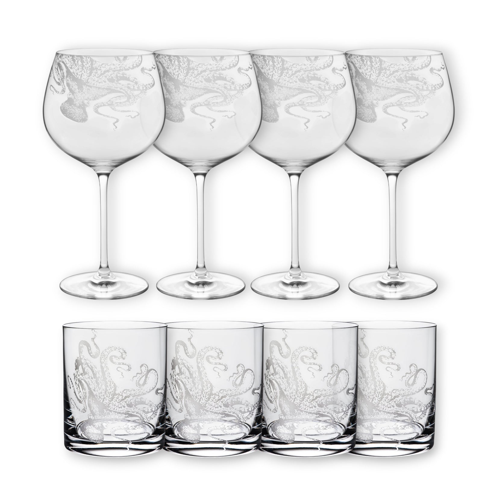 The "Cocktails with Lucy" Bundle by Caskata includes eight clear glasses—four tall wine and four short rocks glasses—each etched with an octopus design, arranged in two rows on a white background.