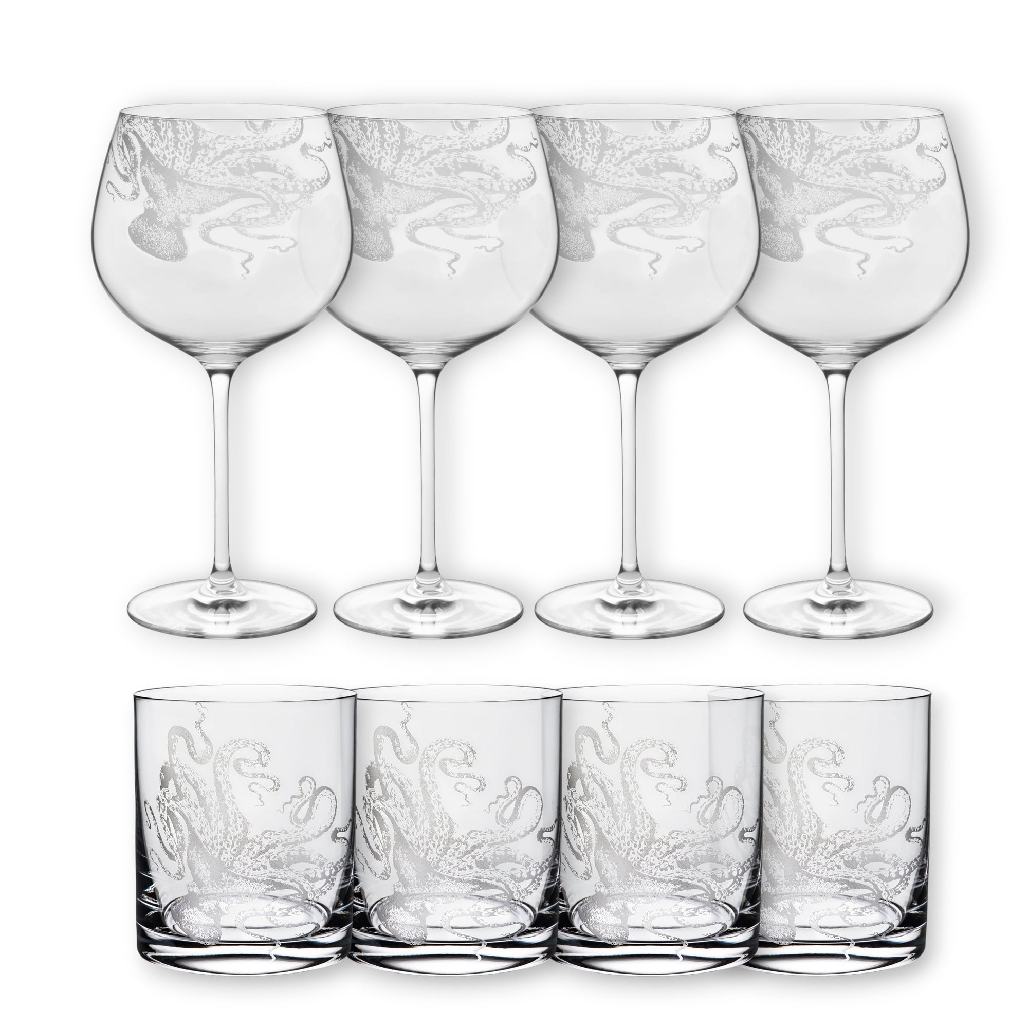 The "Cocktails with Lucy" Bundle by Caskata includes eight clear glasses—four tall wine and four short rocks glasses—each etched with an octopus design, arranged in two rows on a white background.