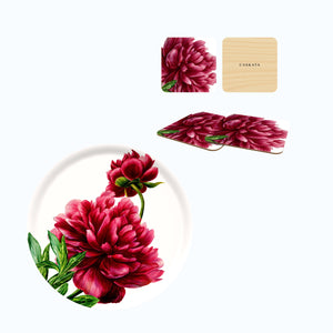 Caskata's Gardener's Delight Entertaining Set includes a plate, floral coasters, cheese board with red peony designs, a birchwood serving tray, and a wooden Caskata box.