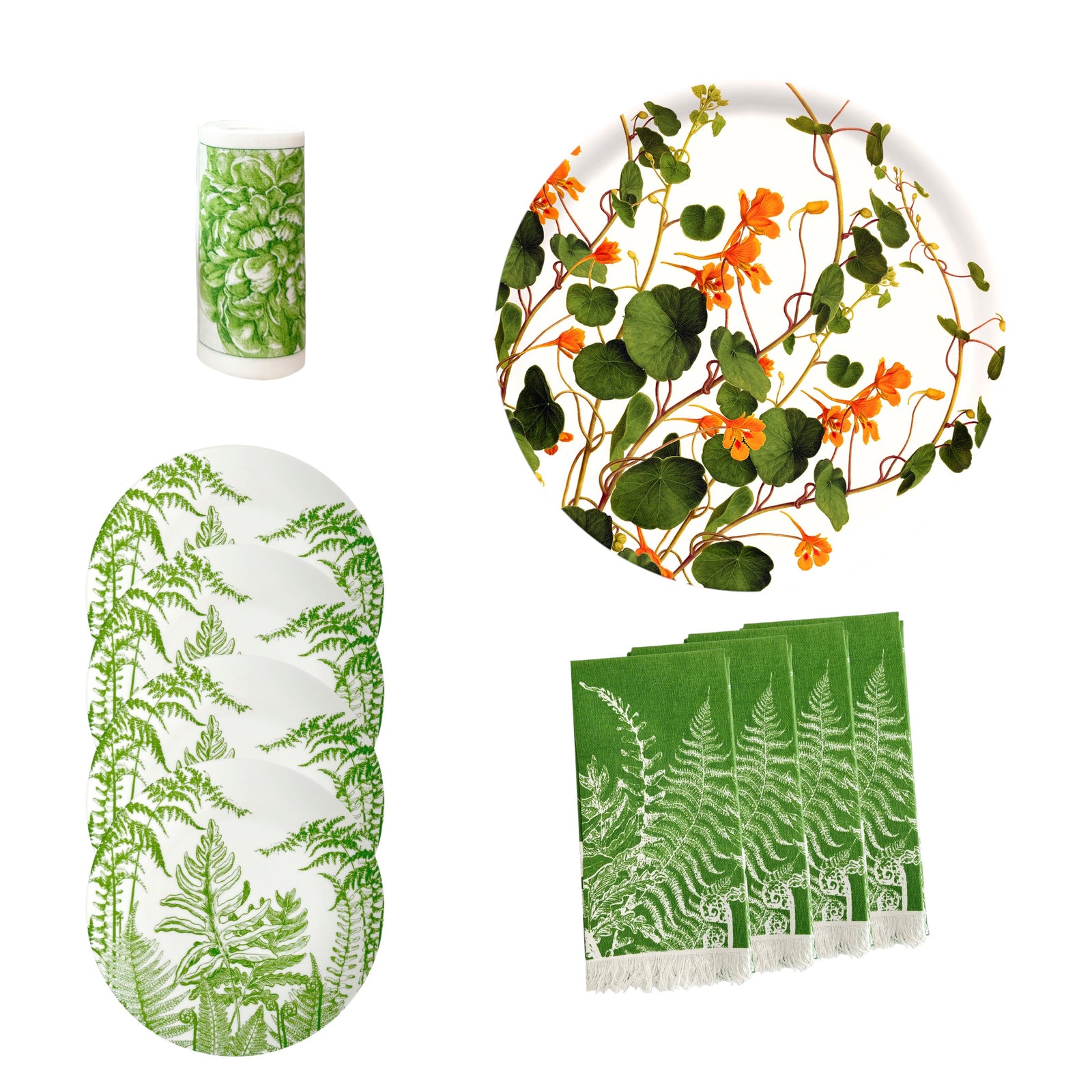 The Gardener's Deluxe Bundle by Caskata includes green fern-patterned porcelain salad plates, botanical cocktail napkins, a vase, and a round plate with orange flowers and green vines.