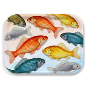 The Caskata Goldfish Medium Rectangular Birchwood Tray features colorful fish—orange, yellow, green, blue, and gray—displayed on a white background using sustainable materials.