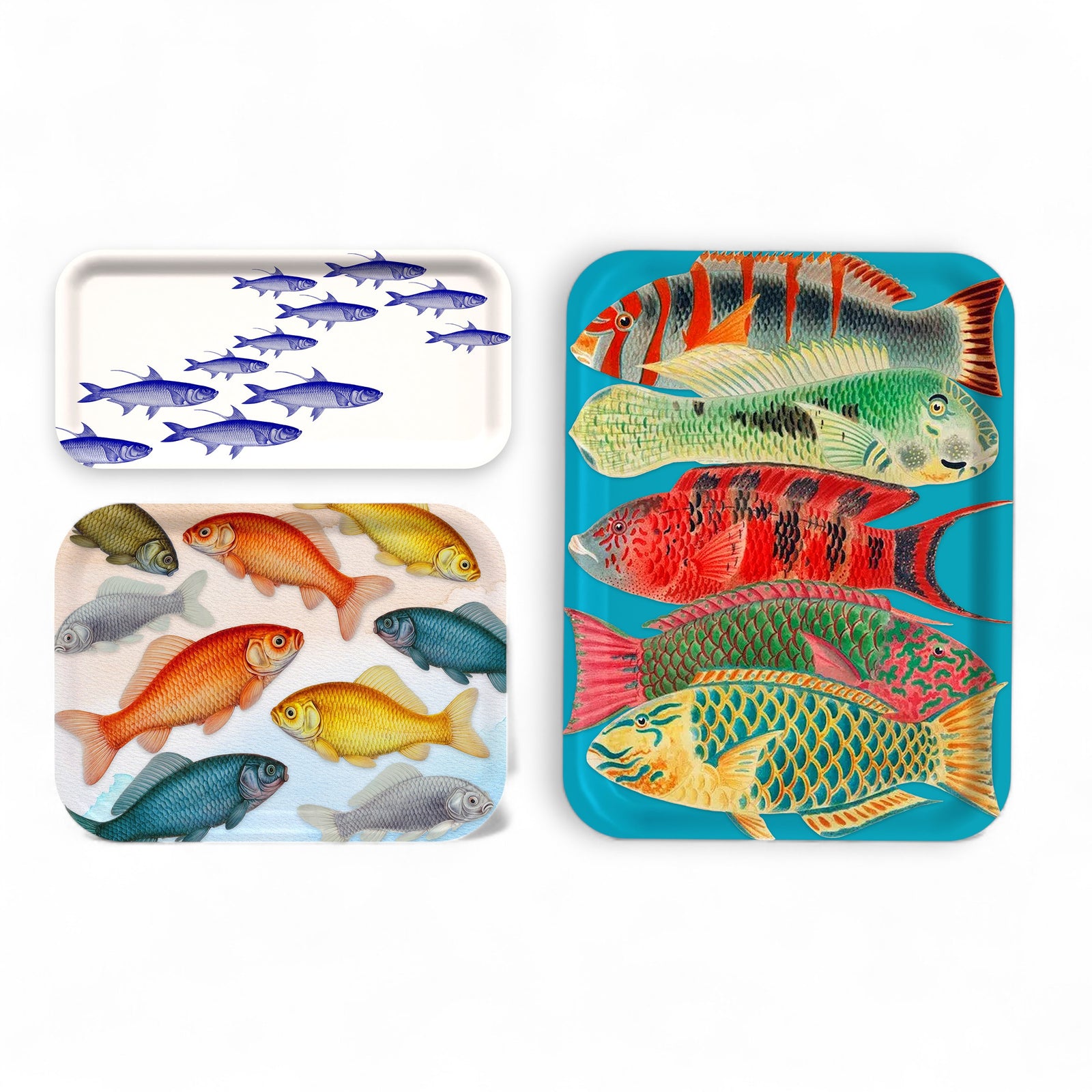 The Felix Doolittle "Gone Fishin'" Bundle features three birchwood serving trays made in Finland, each with vibrant fish patterns—purple fish, colorful fish on white, and bright fish on turquoise.