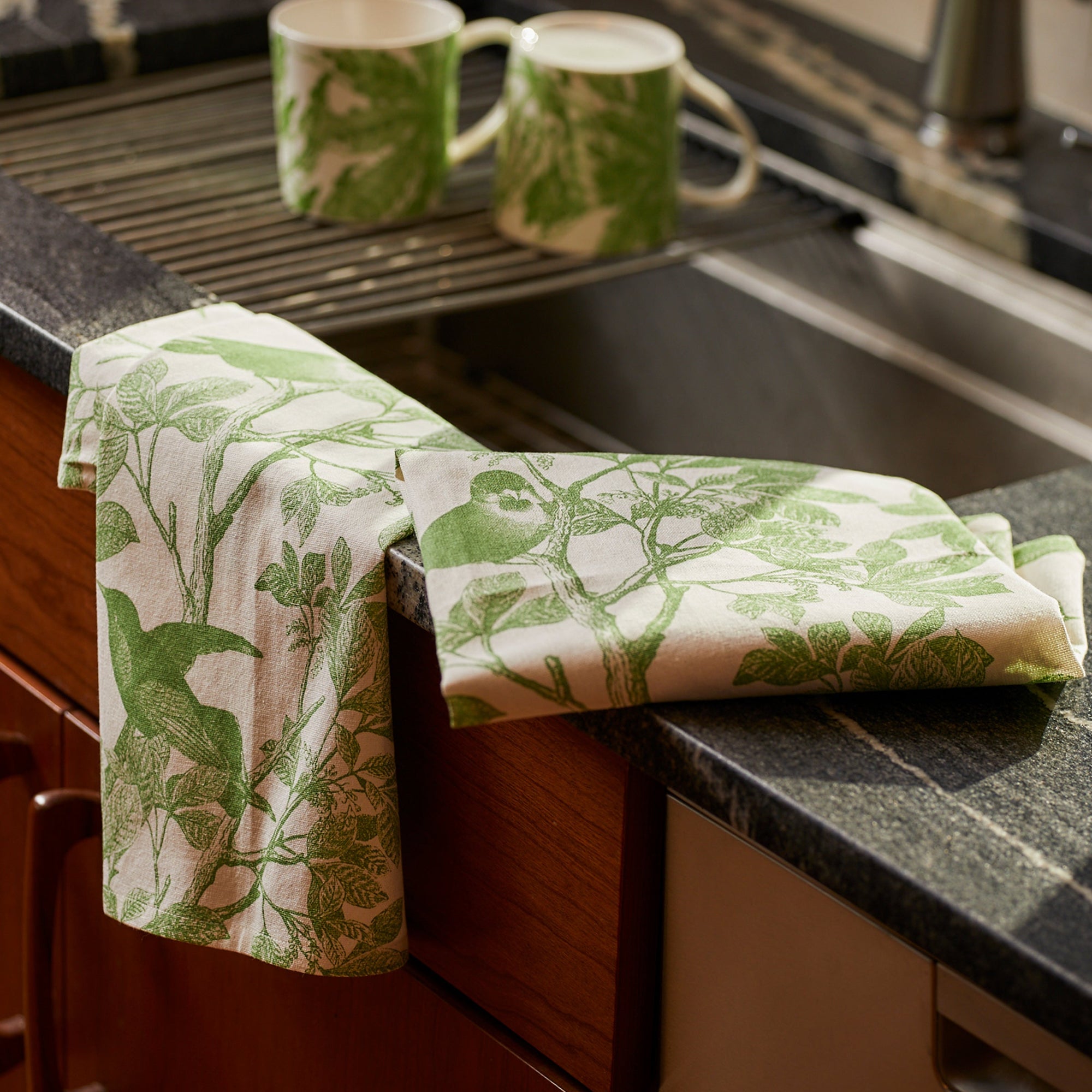 Arbor Birds Green Kitchen Towels Set/2 - Caskata