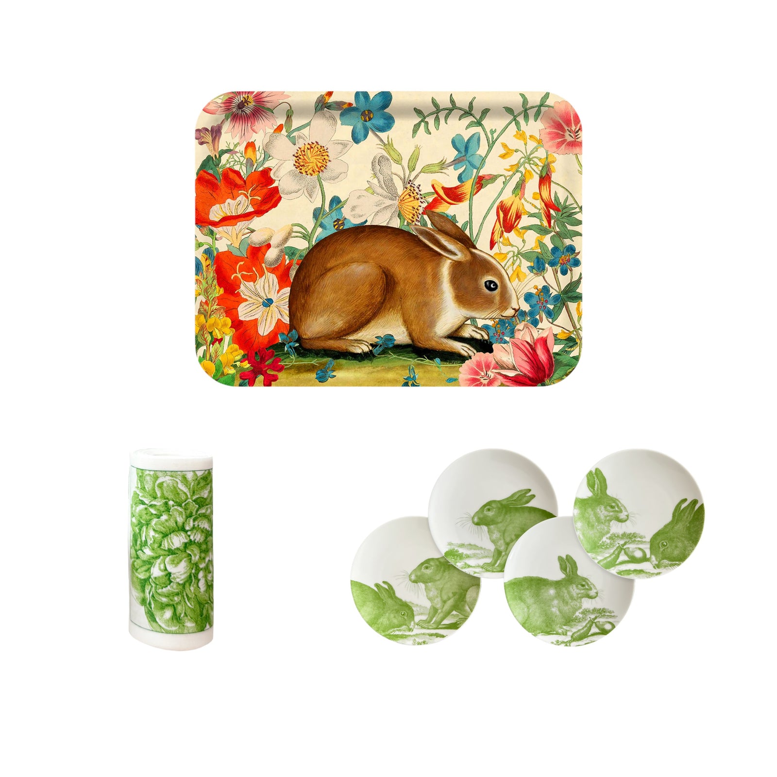 The Green Bunnies Bundle by Caskata includes a birchwood tray with a brown rabbit, a leaf-wrapped napkin, and four white plates with green bunny motifs—an ideal eco-friendly set for spring gatherings.