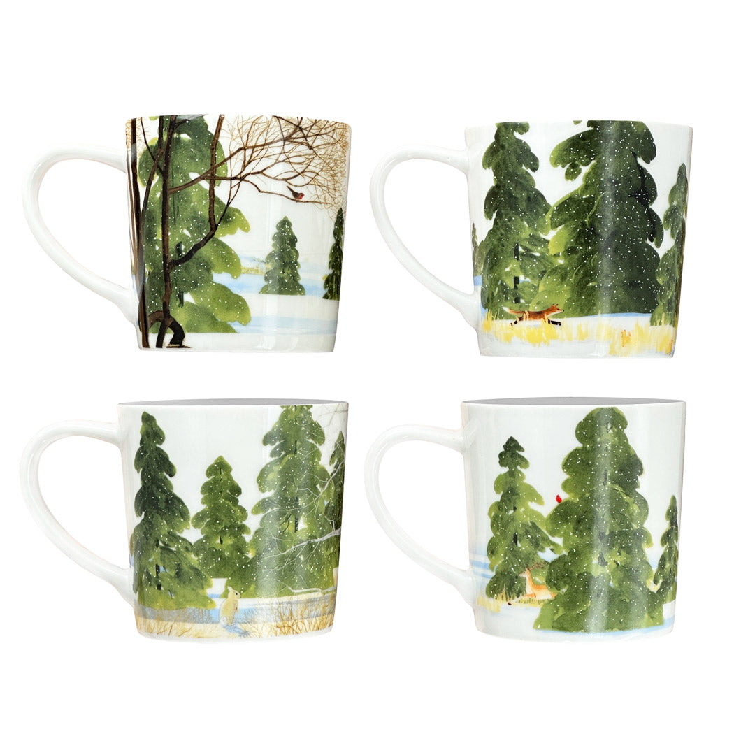 Caskata X Felix Dolittle Winter Collaboration Porcelain Mugs Set of 4 featuring snowy pine trees on a white background.