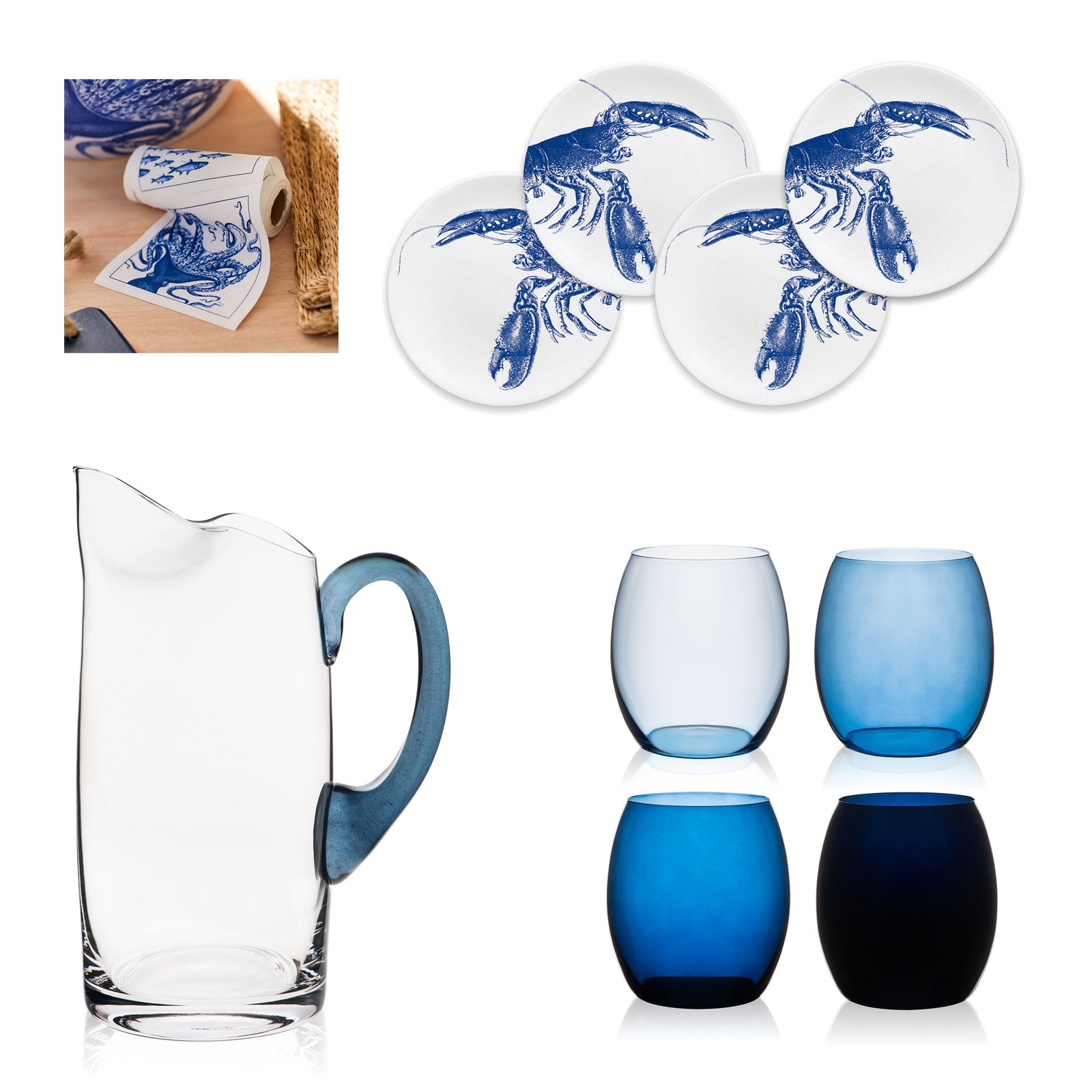 A Host With the Most Bundle from Caskata, which includes a set of four Blue Lobster Small Plates, four Les Nuages Tumblers with a blue gradient, a clear glass Les Nuages Pitcher with a blue handle, and blue lobster napkins.