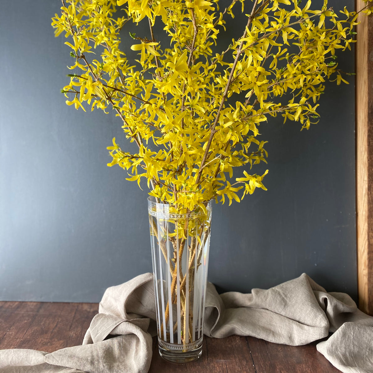 Forsythia flowers in a Caskata Marrakech Glass Vase on a wooden table with Marrakech-inspired graphic patterns.