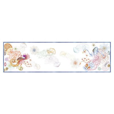 Reef Tablecloth Runner with Jellyfish and Seahorses in watercolors on Italian linen from Caskata