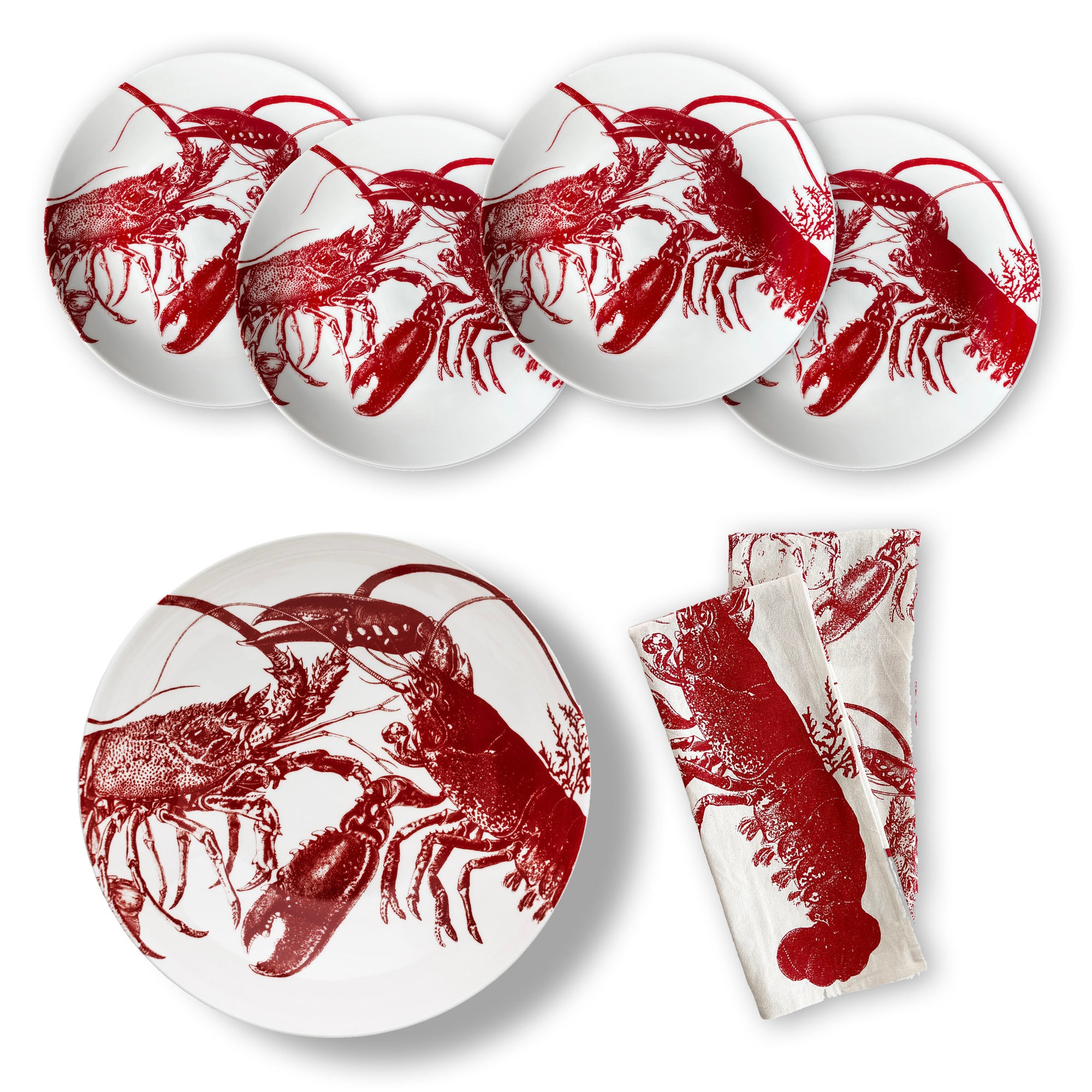 The Lobster Love Bundle by Caskata includes a set of five white plates, two napkins, and a lobster serving bowl, all featuring a striking red lobster design.