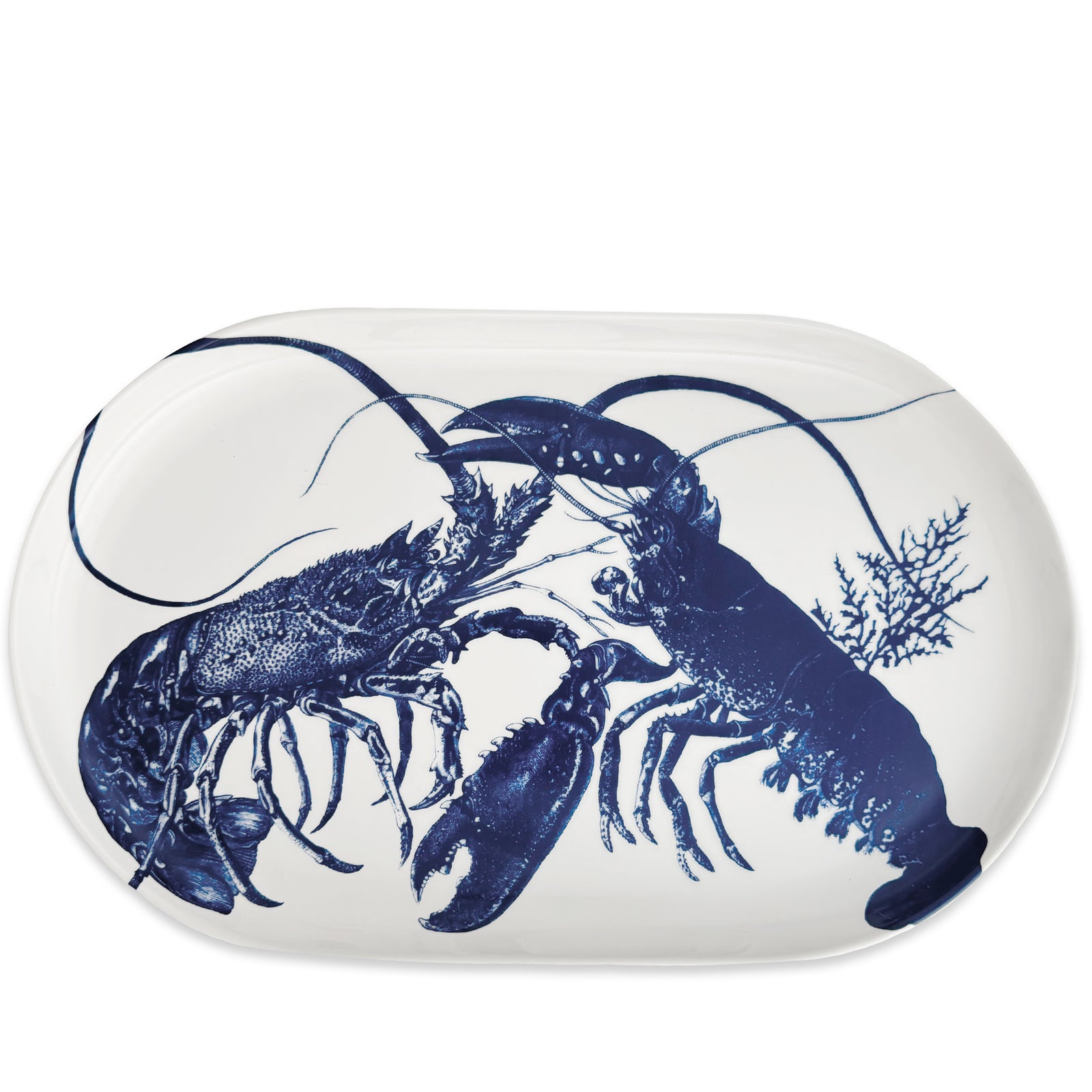The Caskata Lobster Large Coupe Oval Platter features detailed blue lobsters with seaweed accents on white porcelain—a striking serveware piece perfect for entertaining.