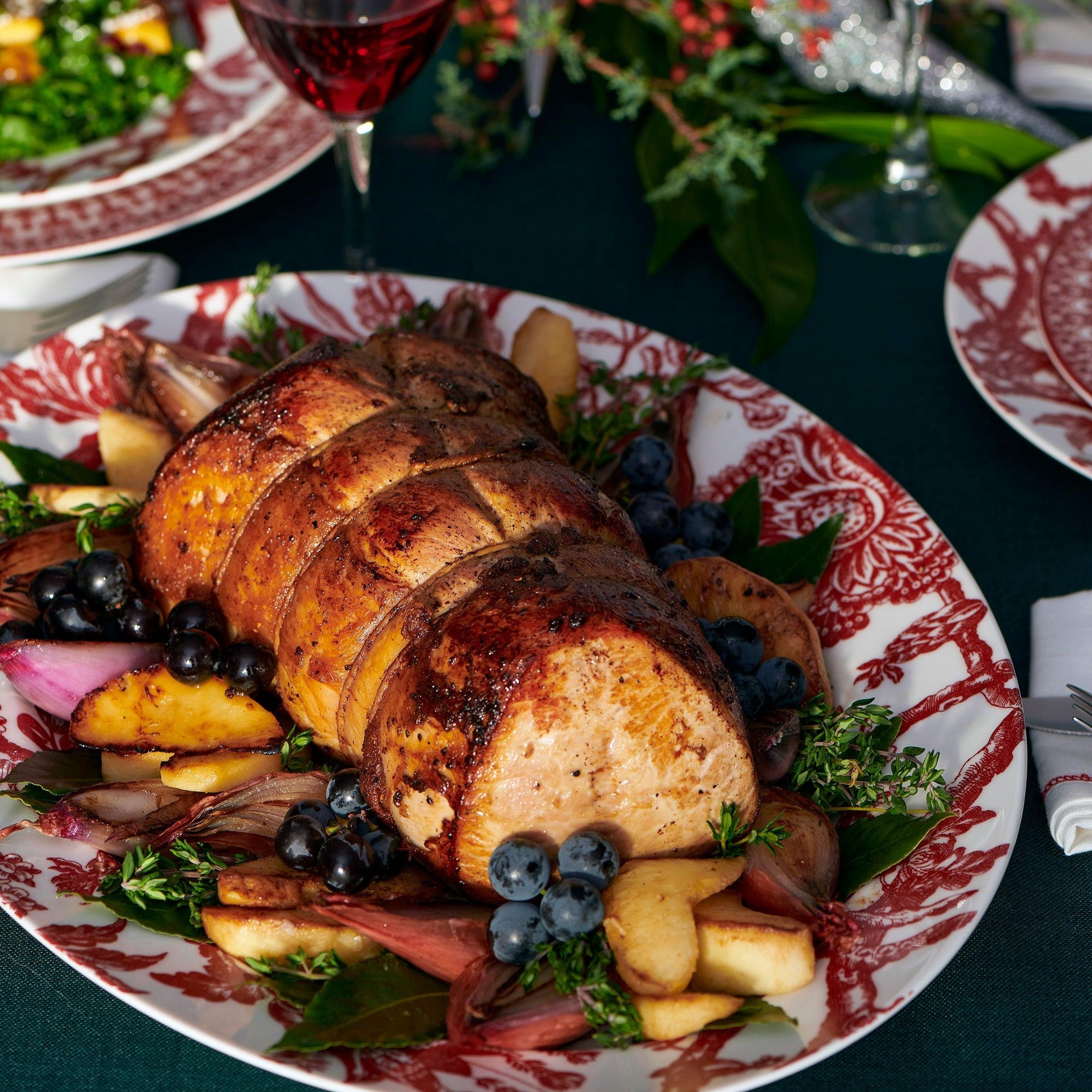 Arcadia Crimson Large Oval Platter in red and white premium porcelain dinnerware from Caskata