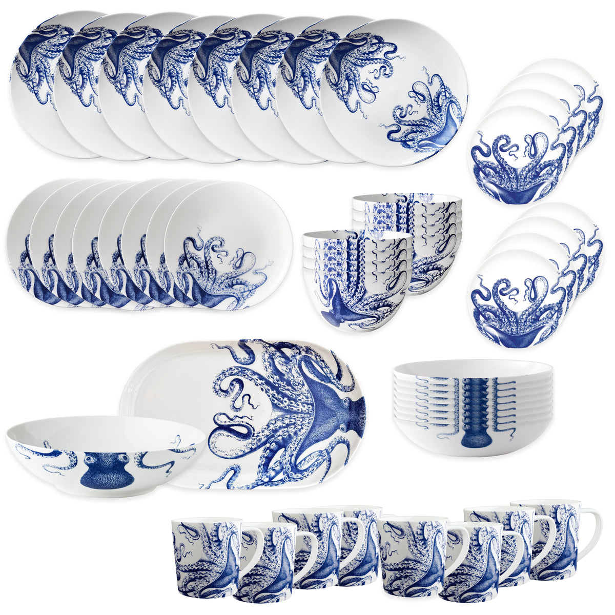 The Caskata Lucy Ultimate Set is a 45-piece porcelain dinnerware collection with blue and white octopus designs on plates, bowls, mugs, and serving dishes, all beautifully arranged on a white background.