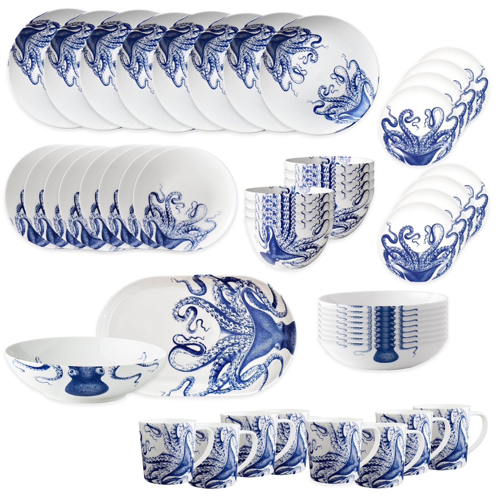 The Caskata Lucy Ultimate Set is a 45-piece porcelain dinnerware collection with blue and white octopus designs on plates, bowls, mugs, and serving dishes, all beautifully arranged on a white background.