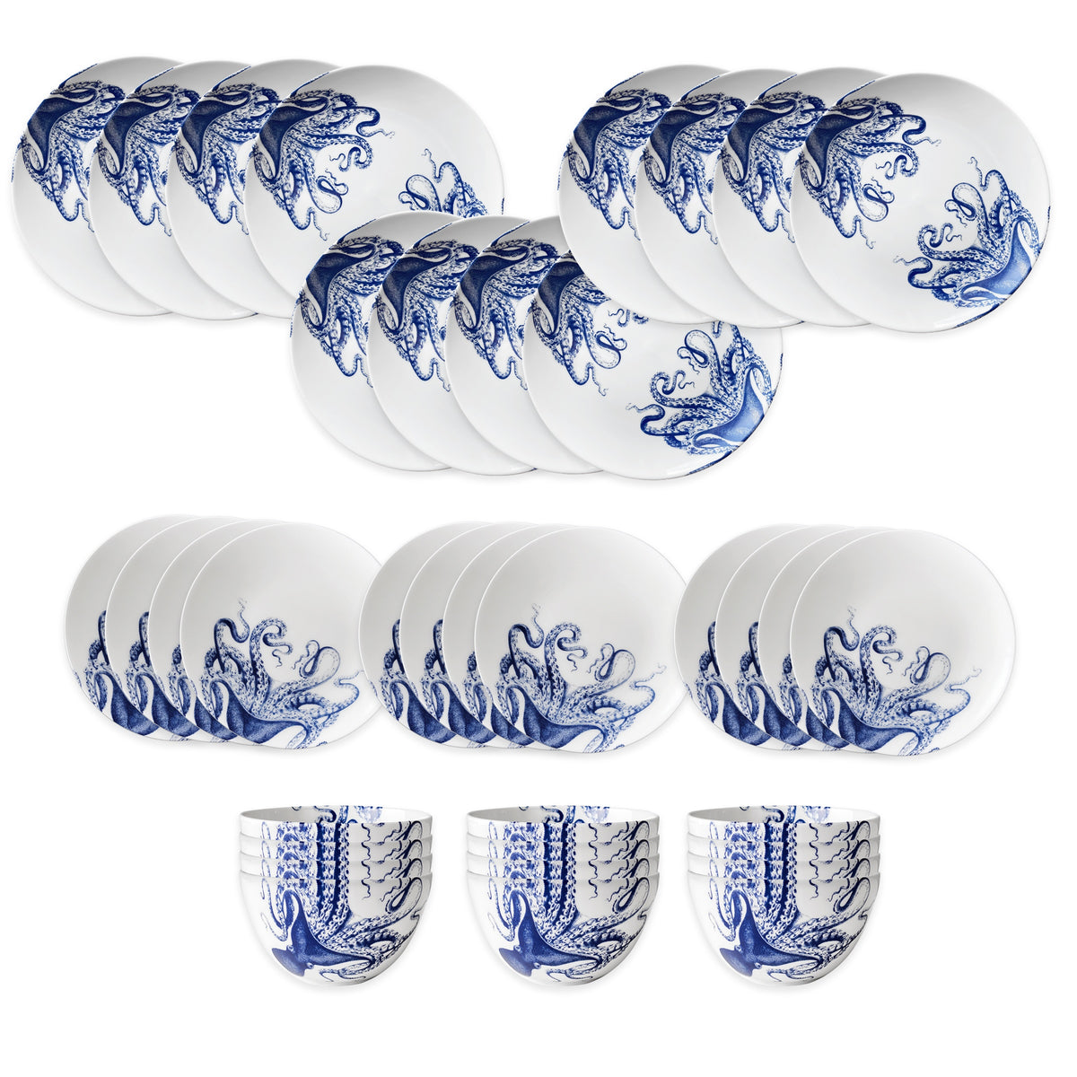 The Lucy Table for 12 by Caskata features blue octopus designs on porcelain plates and cups, arranged neatly in rows on a white background.