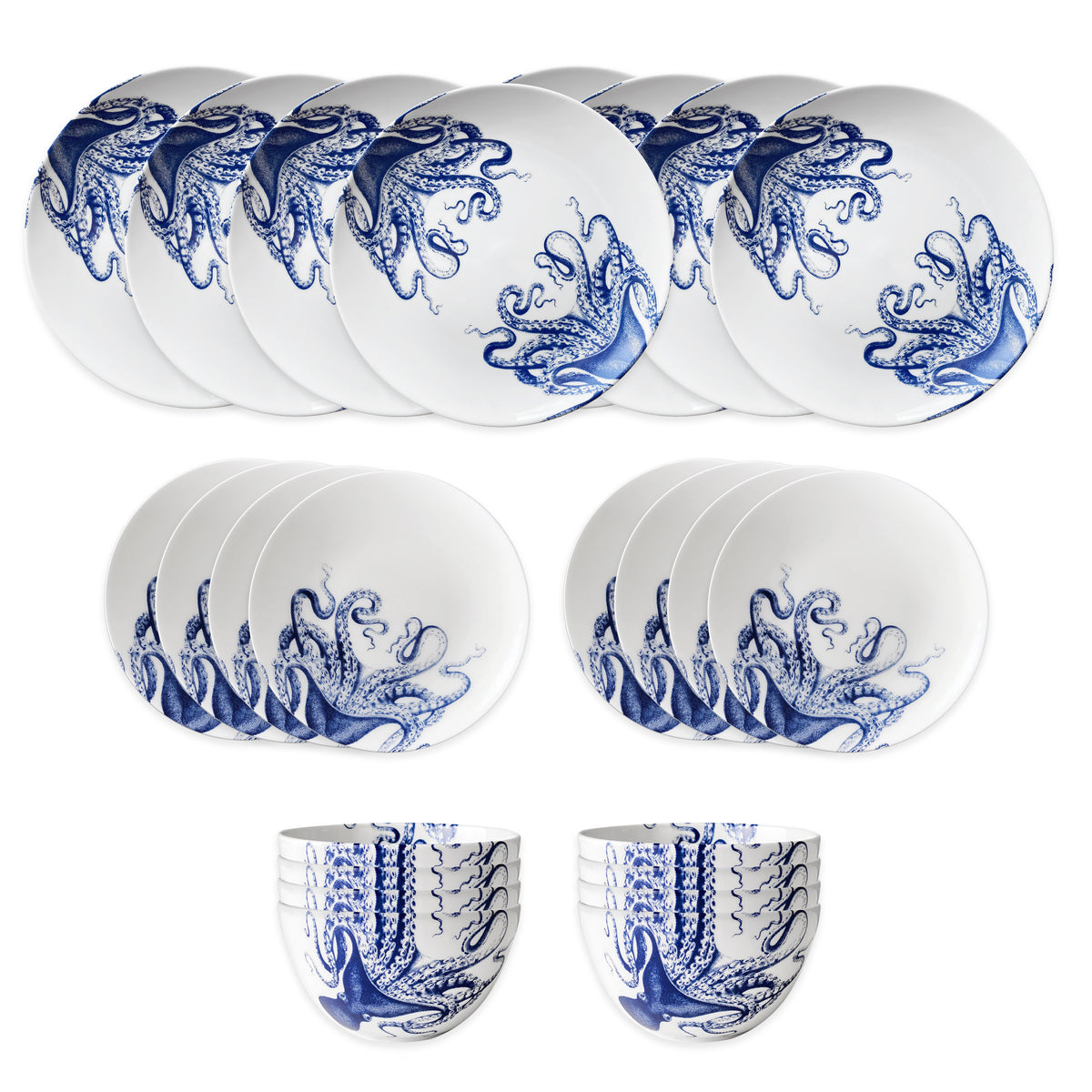 The Caskata Lucy Table for 8 is a premium porcelain dish set featuring white bowls, cups, and plates, each decorated with a charming blue octopus illustration.