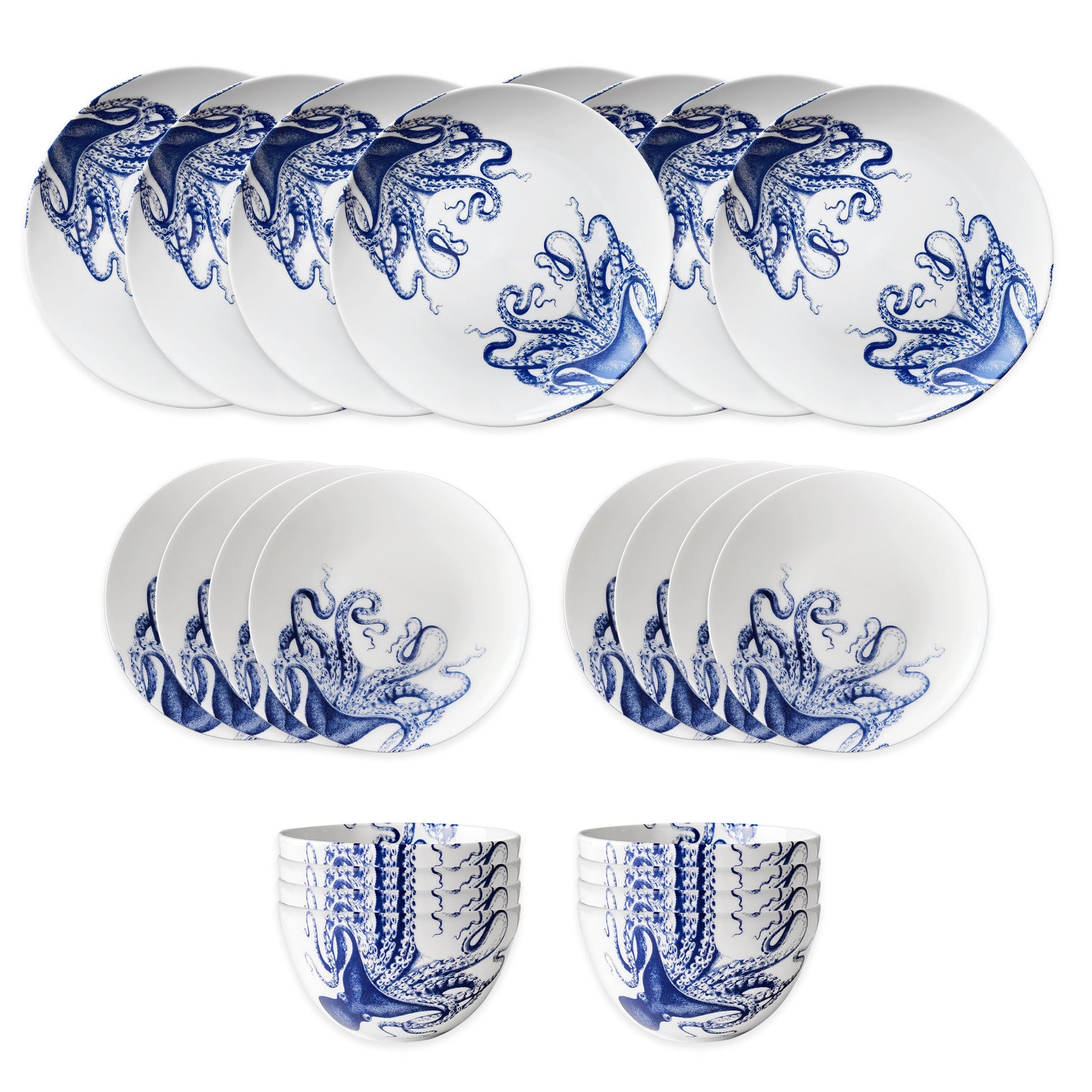 The Caskata Lucy Table for 8 is a premium porcelain dish set featuring white bowls, cups, and plates, each decorated with a charming blue octopus illustration.