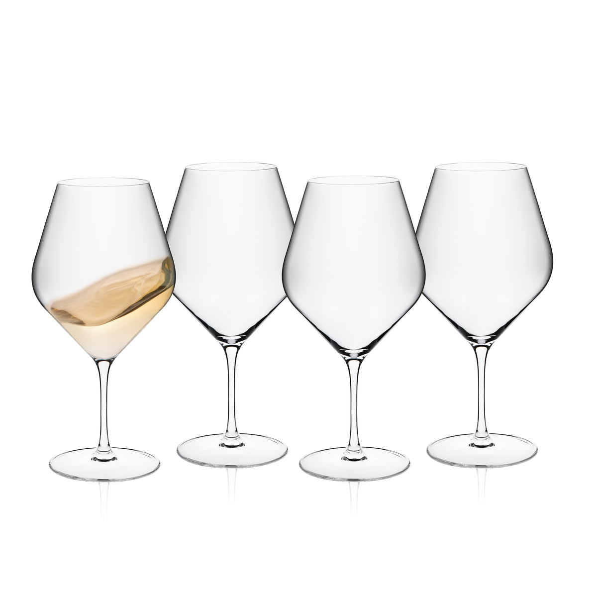Caskata Library White Wine Glasses, Set of 4, crafted from lead-free crystal, are shown on a white background; one glass holds a little wine, while the other three are empty.