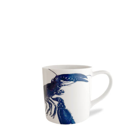 The Blue Lobster Mug by Caskata Artisanal Home featuring a blue illustration of a lobster on a creamy white porcelain background. Made in Sri Lanka with high-fired porcelain for durability and elegance.