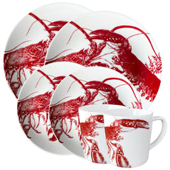 Lobster Red and White Porcelain Dinnerware set for 2 with 2 Dinner Plates, 2 Salad Plates, and 2 Mugs from Caskata