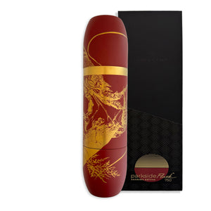 A maroon and gold insulated wine flask with a lobster motif, shown beside its black and gold box labeled 