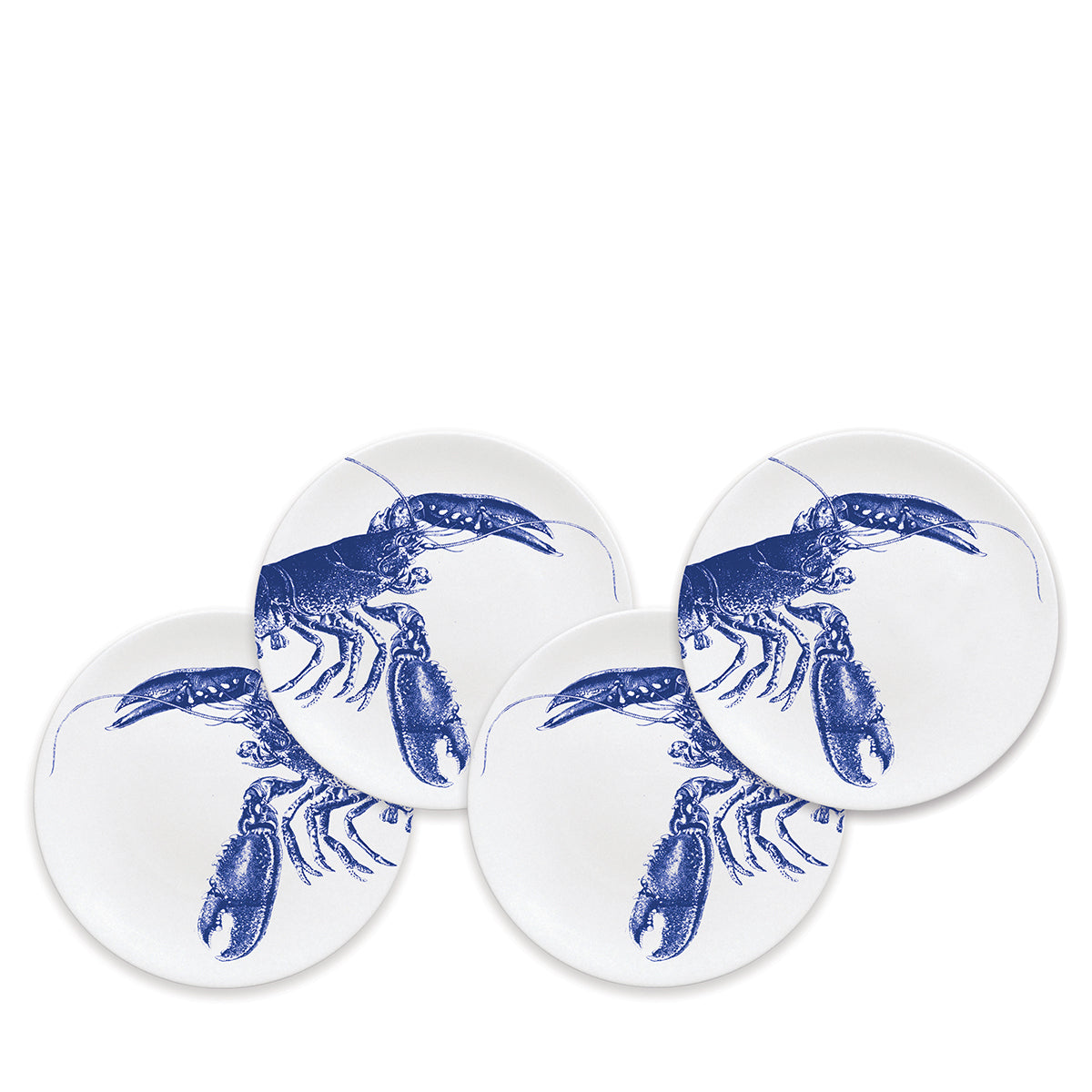 Four white heirloom-quality dinnerware plates each feature a blue lobster illustrated in the center. These Lobster Small Plates by Caskata Artisanal Home overlap slightly, beautifully displaying the entire lobster design, reminiscent of New England&#39;s coast.