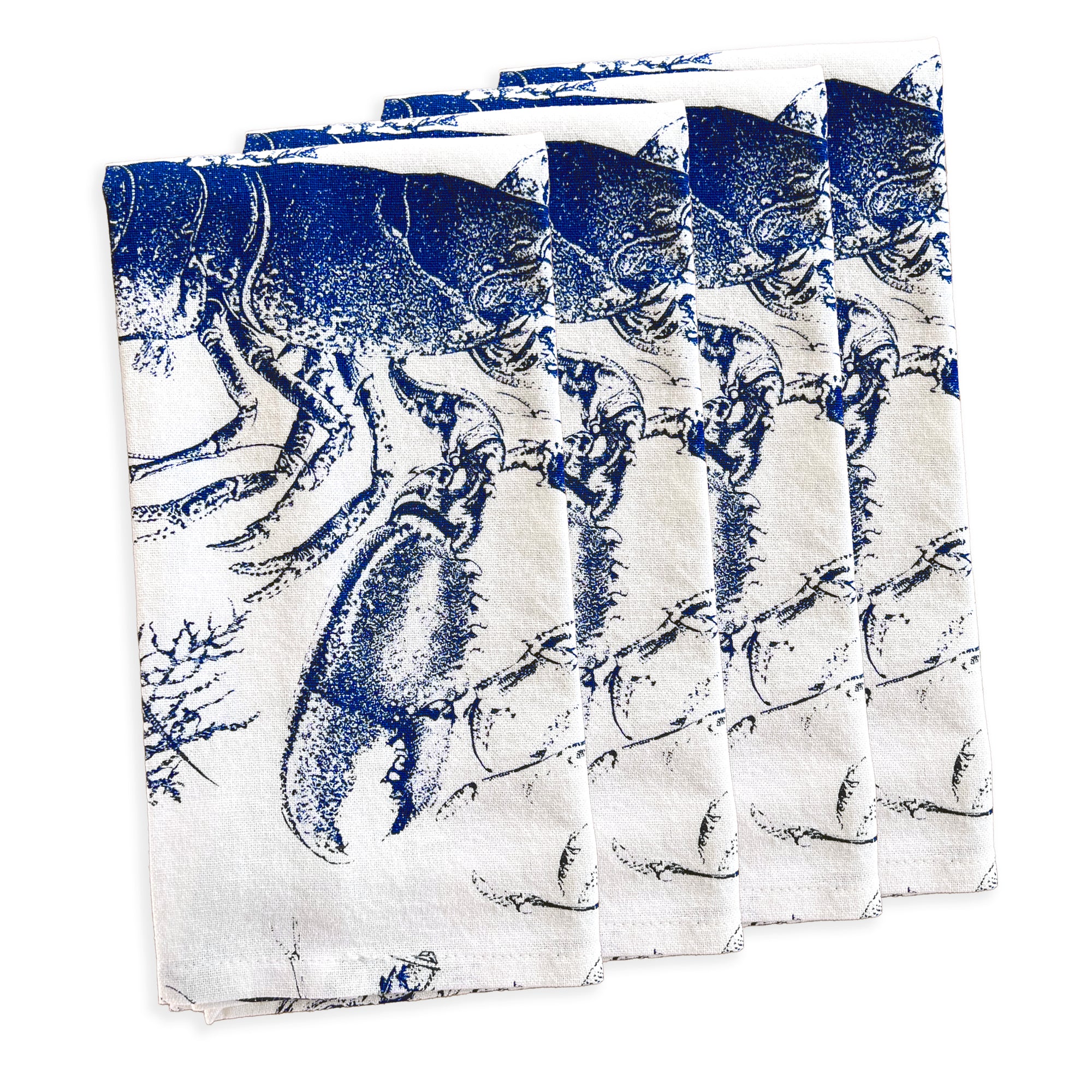 The Caskata Blue Lobster Dinner Napkins set includes four 100% cotton napkins, each featuring charming blue lobster illustrations elegantly arranged.