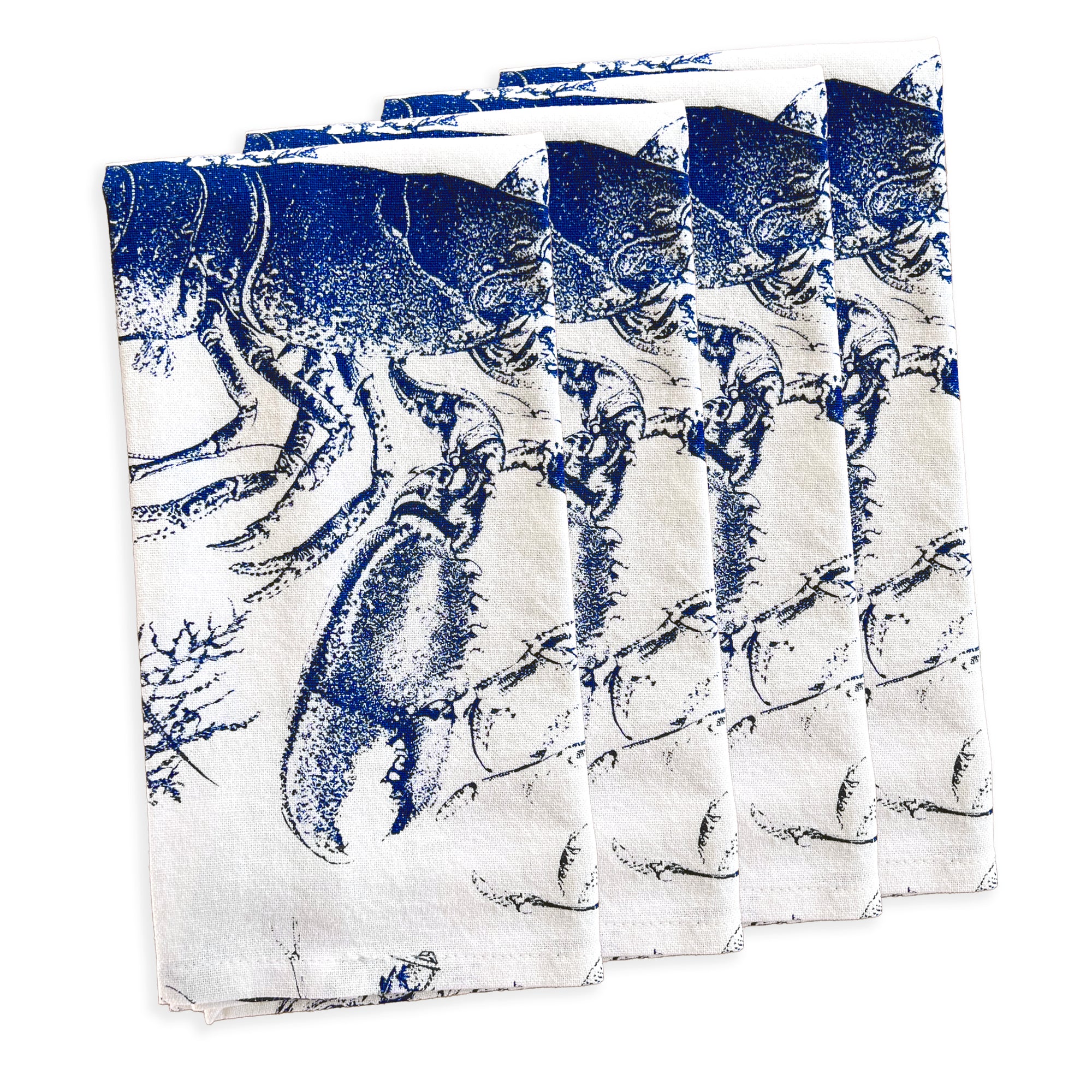 100% cotton Blue Lobster set of 4 dinner napkins from Caskata on a white background.