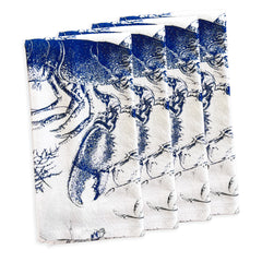 The Caskata Blue Lobster Dinner Napkins set includes four 100% cotton napkins, each featuring charming blue lobster illustrations elegantly arranged.