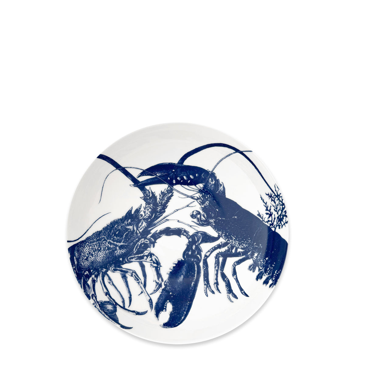 The Caskata Lobster Entrée Bowl is a white porcelain bowl with a detailed blue illustration of two facing lobsters and is dishwasher safe.