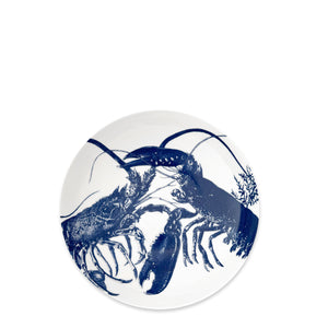 The Caskata Lobster Entrée Bowl is a white porcelain bowl with a detailed blue illustration of two facing lobsters and is dishwasher safe.