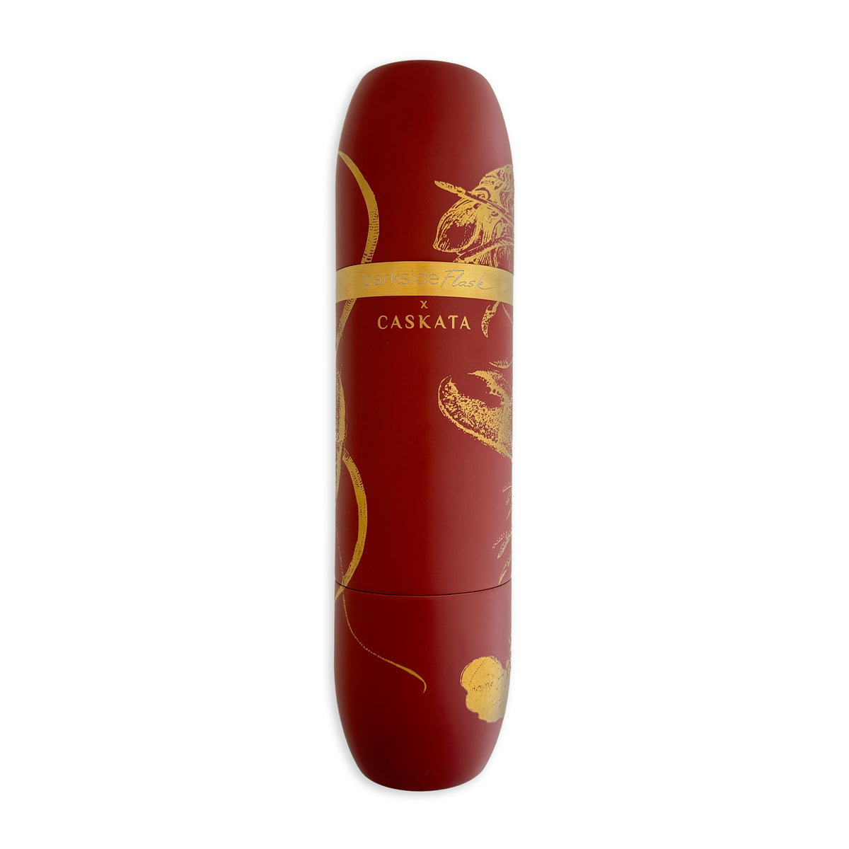The Caskata x High Camp Red Lobster Parkside Flask by Caskata is a maroon cylindrical wine flask with elegant gold designs, showcasing the collaboration’s stylish aesthetic.