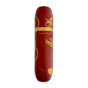 The Caskata x High Camp Red Lobster Parkside Flask by Caskata is a maroon cylindrical wine flask with elegant gold designs, showcasing the collaboration’s stylish aesthetic.