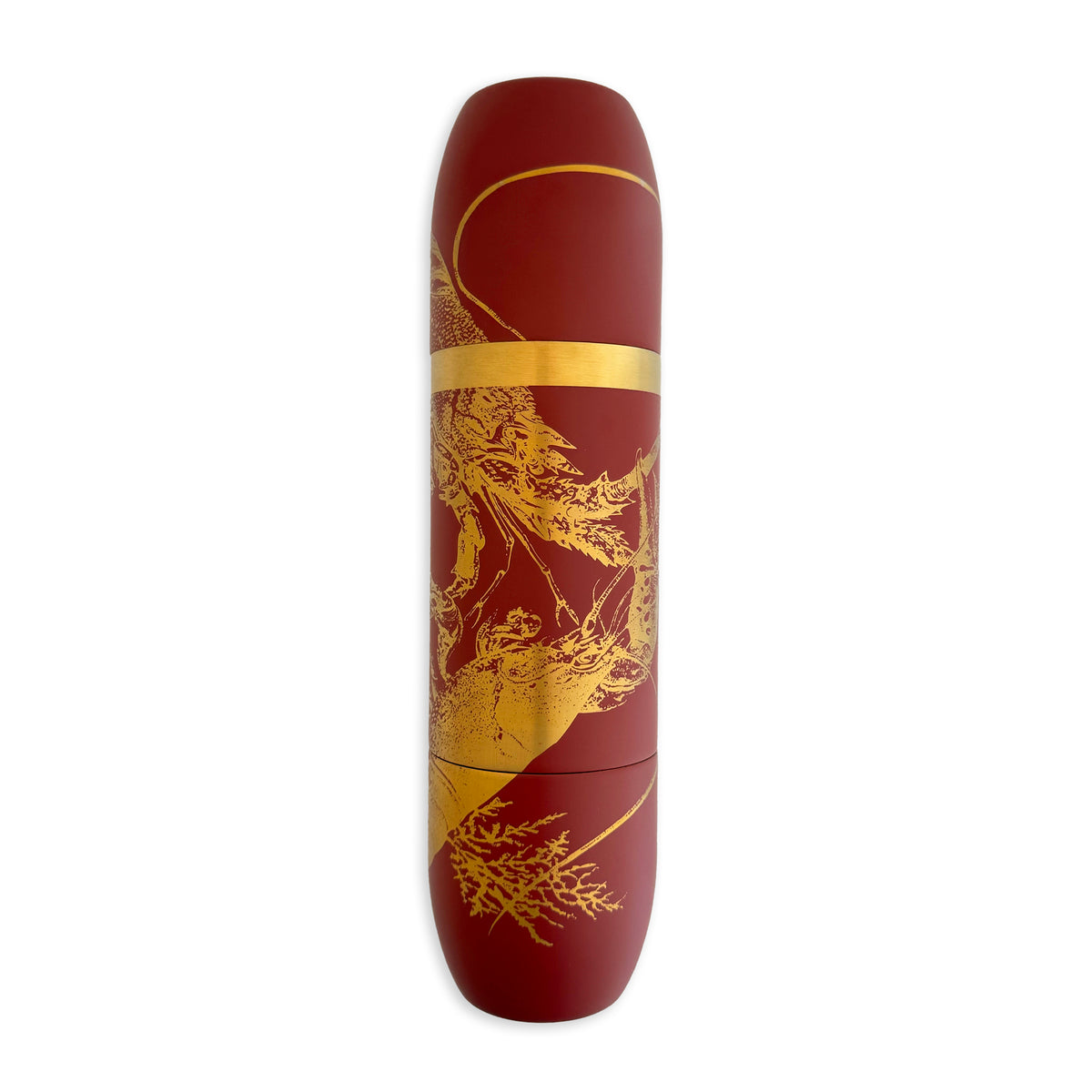 Red and gold decorative skateboard deck featuring an intricate, stylized dragon design and curved gold lines—perfect for display or pairing with your Caskata x High Camp Red Lobster Parkside Flask.