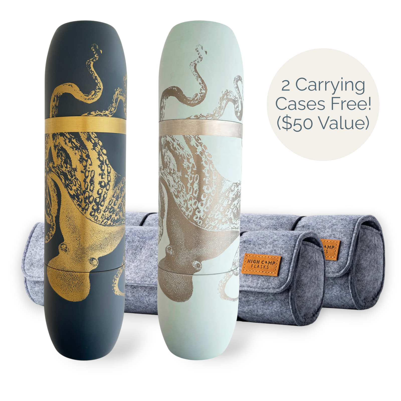 The Caskata X High Camp Flasks Double Trouble Lucy Bundle features two insulated octopus flasks (one dark, one light) with two free gray carrying cases ($50 value). Ideal for wine flask fans or anyone who loves the stylish Lucy Flask.