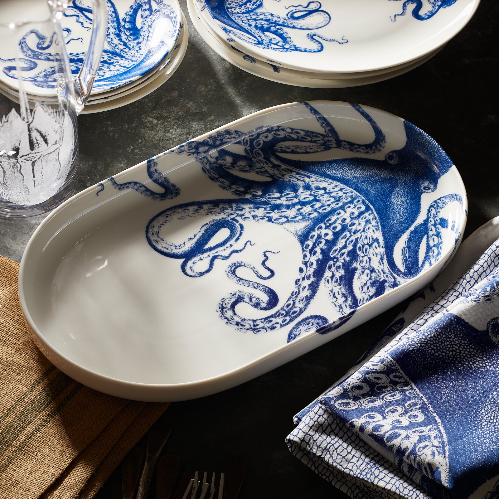 Large Oval Platter with Blue Lucy the Octoopus in Premium Porcelain from Caskata