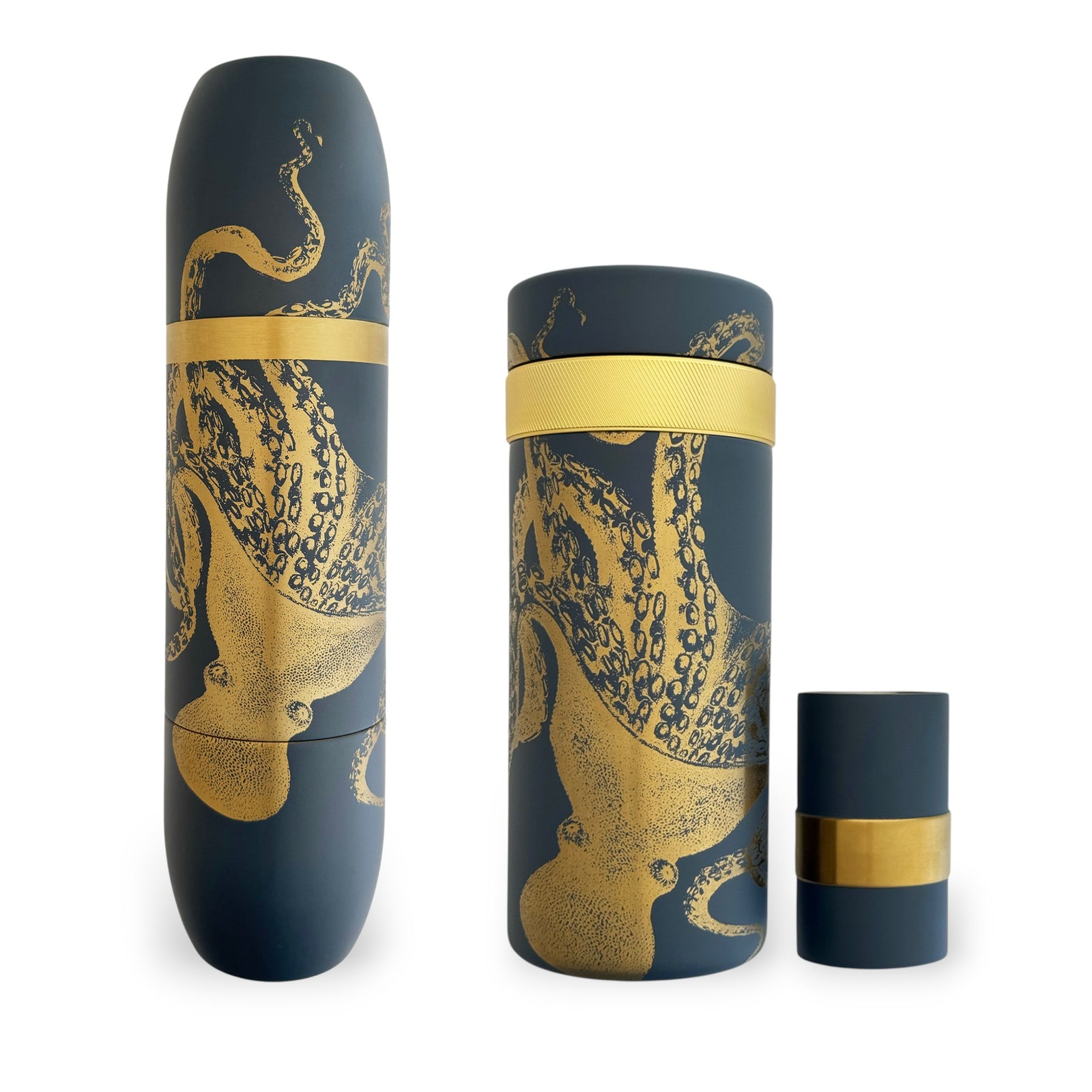 The Caskata X High Camp Flasks Lucy Wine and Cocktail Bundle features three dark cylindrical containers with gold octopus motifs and bands—an elegant addition to any barware set, exclusively from Caskata.
