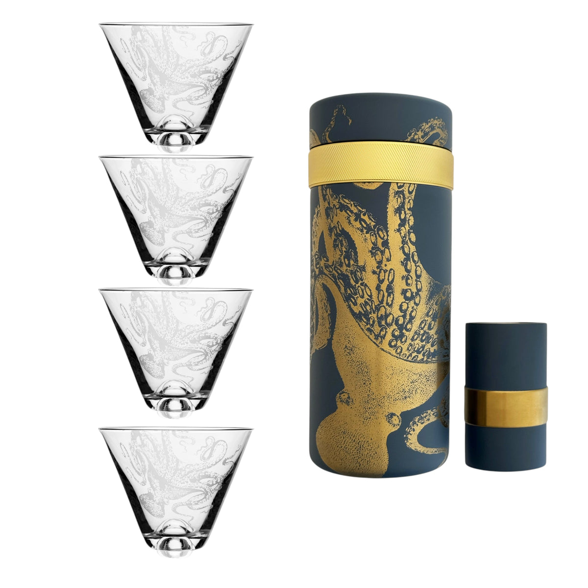 The Retro Beach Bar Bundle by Caskata features four clear martini glasses with octopus designs, paired with a dark cocktail shaker and matching cap, both accented with gold octopus illustrations and bands.