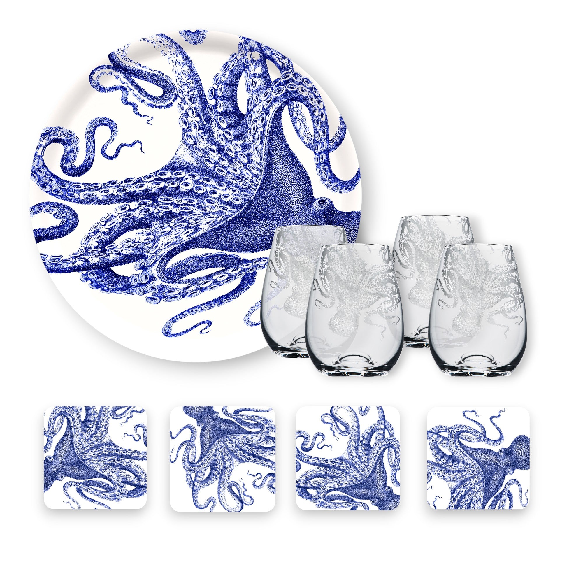 The "Lucy Al Fresco" Bundle by Caskata features a blue octopus design on a large plate, four stemless wine glasses, and four square coasters, all beautifully arranged on a white background.