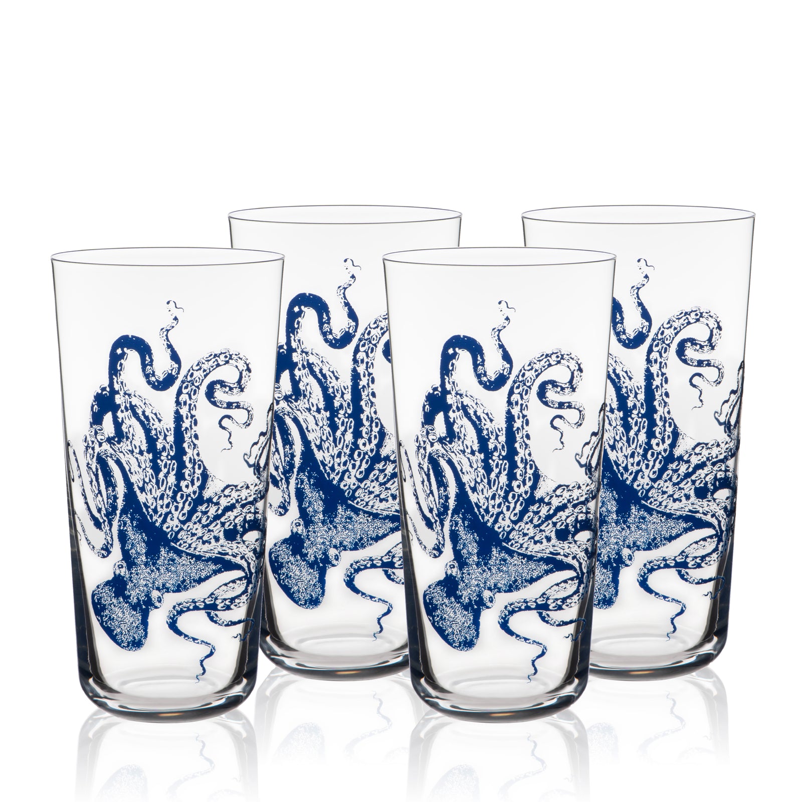 Four Caskata Lucy Blues Tall Drinking Glasses featuring blue octopus designs, inspired by Lucy the octopus, are arranged together on a white background.