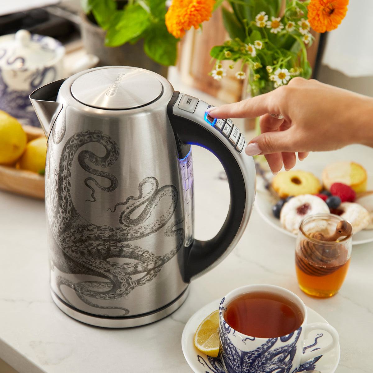 Easy Touch Programmable Electric Kettle Featuring Lucy The Octopus from the Caskata X Cuisinart Collection