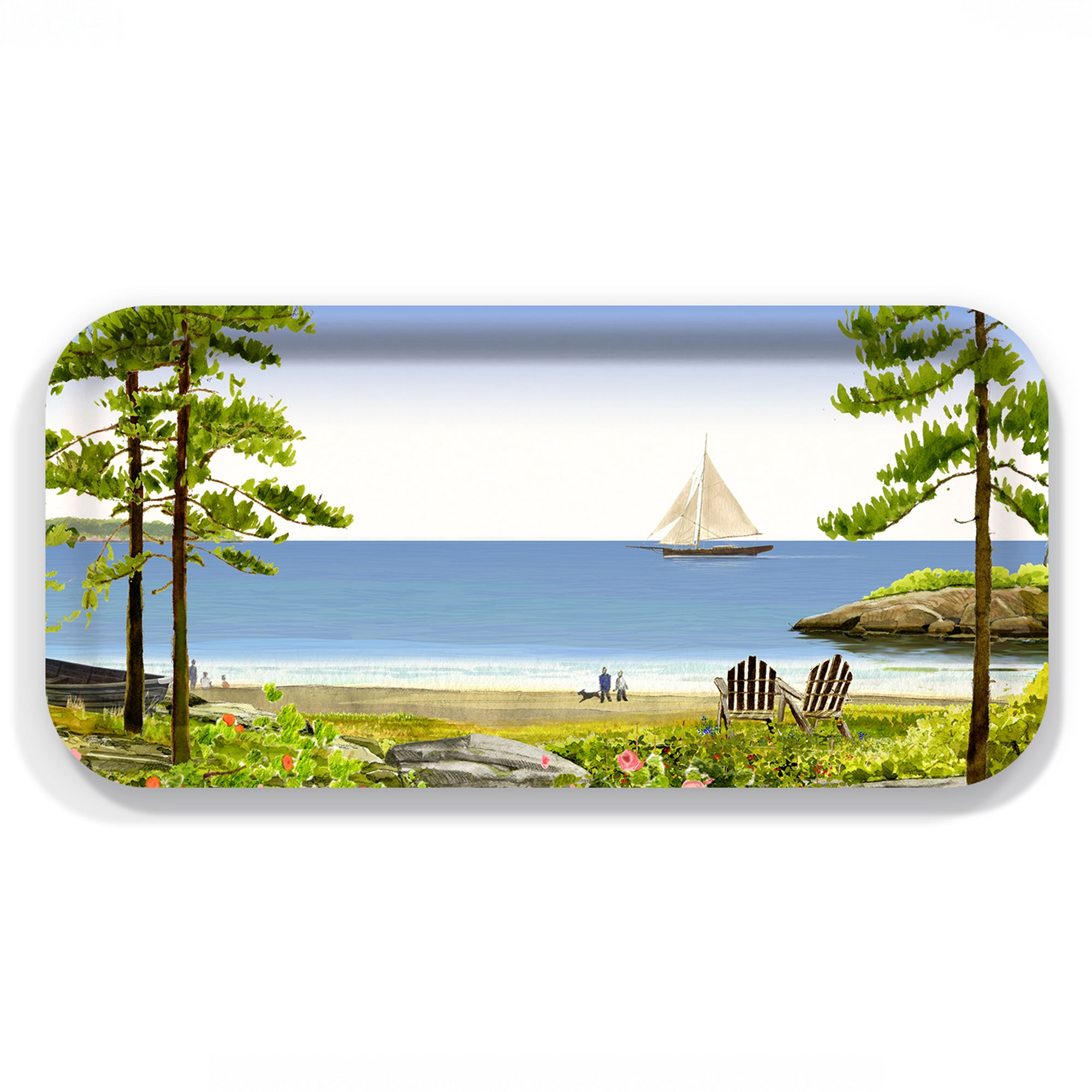 A beach scene with two people and a dog by the sea, sailboat in view, two empty wooden chairs, and trees—perfect for enjoying snacks on the Caskata X Felix Doolittle Maine Summer Small Rectangular Tray by Caskata.