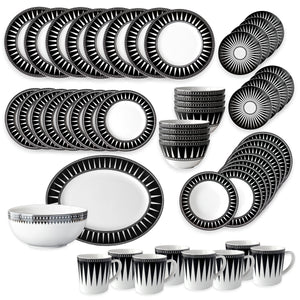 The Caskata Marrakech Ultimate Set is a 32-piece porcelain dinnerware collection with black and white patterned plates, bowls, cups, and an oval platter—artfully displayed on a white background.