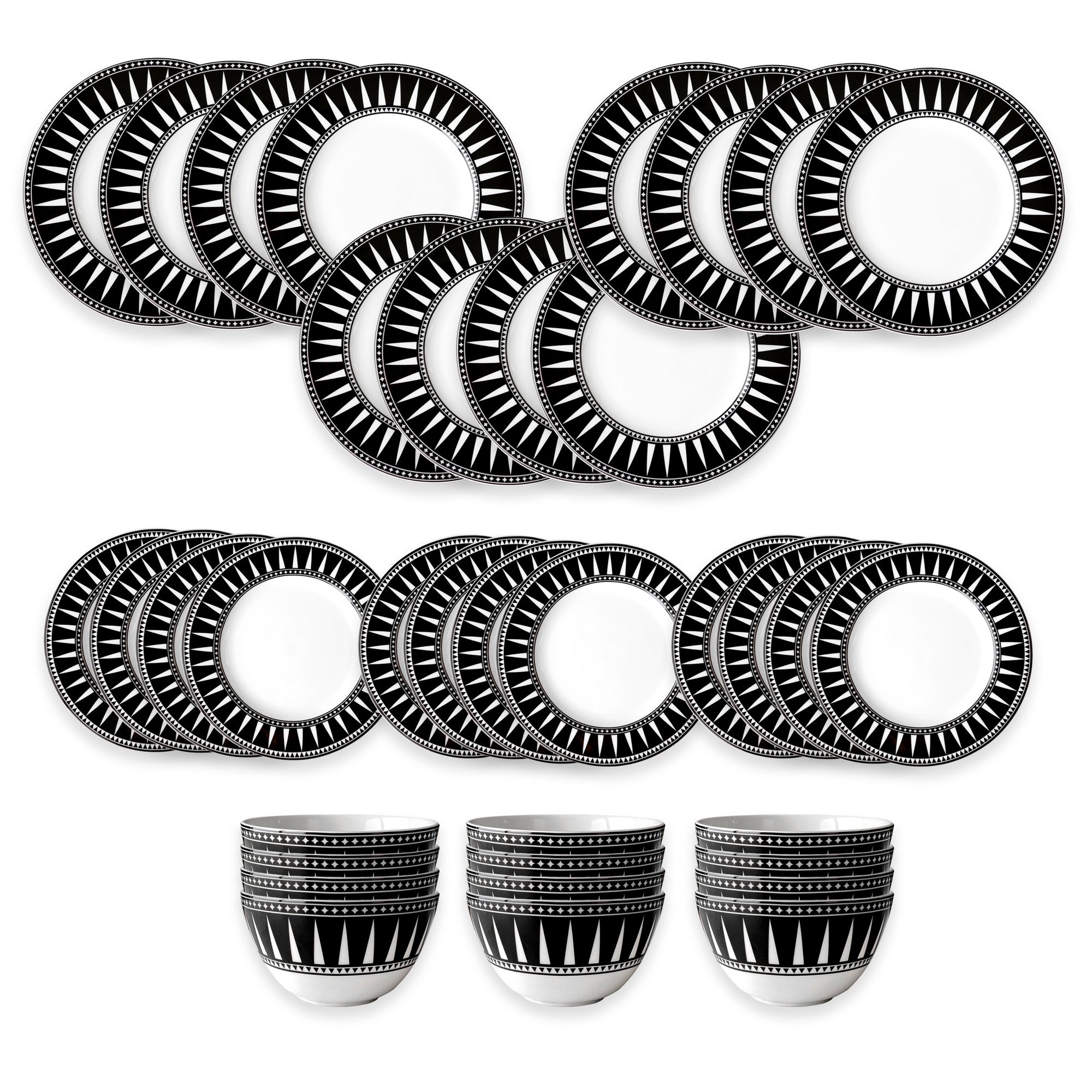 The Caskata Marrakech Table for 12 is a 24-piece dinnerware set featuring black and white geometric patterns, with plates, saucers, and matching cups arranged in rows.