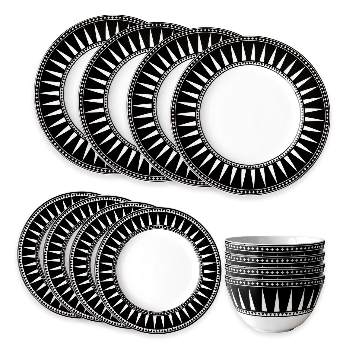 The Caskata Marrakech Table for 4 porcelain dish set features black and white Art Deco plates and bowls—four large plates, four small plates, and four bowls—elegantly displayed on a white background.