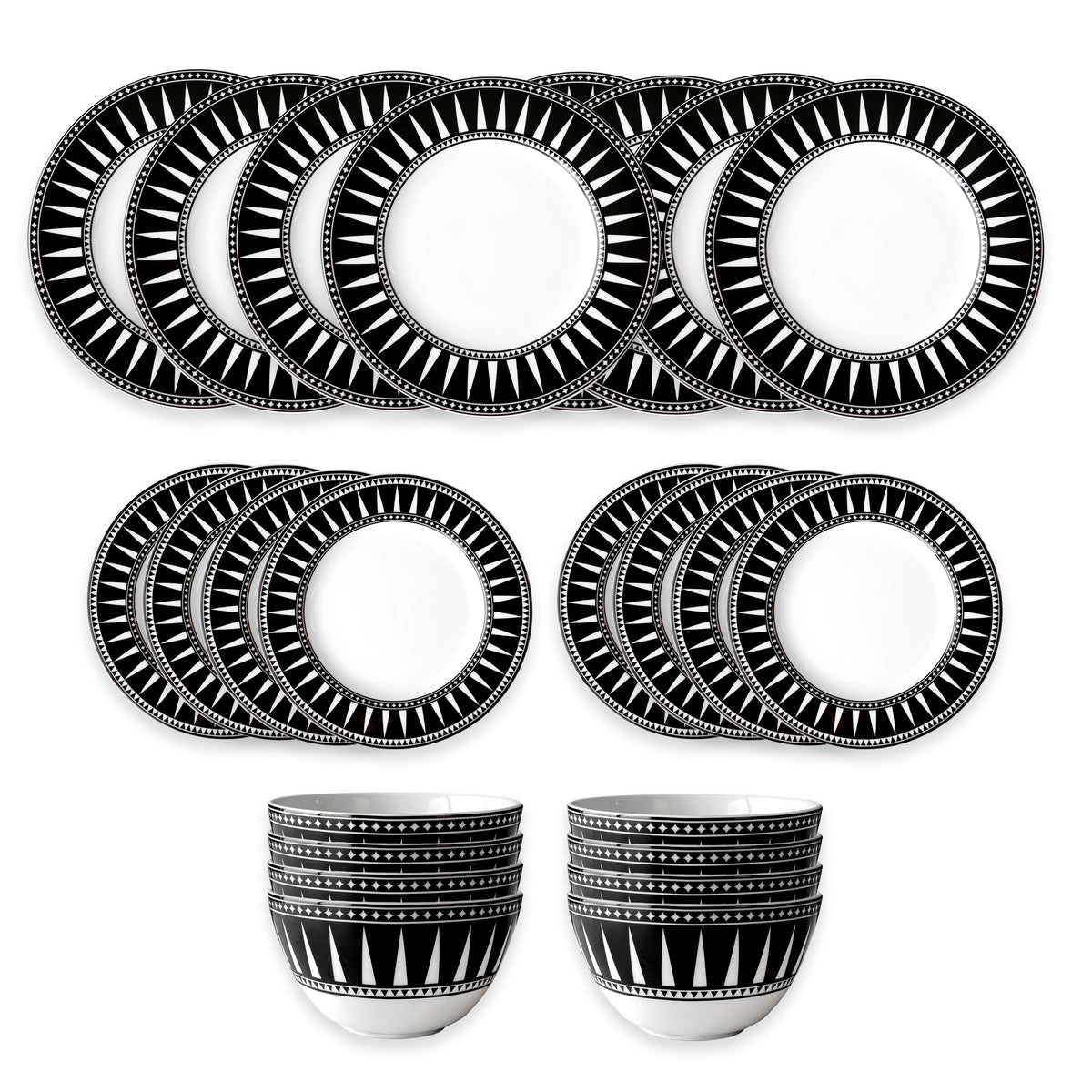 The Marrakech Table for 8 by Caskata is a 16-piece porcelain dinnerware set featuring black and white Art Deco geometric patterns, including eight plates, six side plates, and two bowls on a crisp white background.