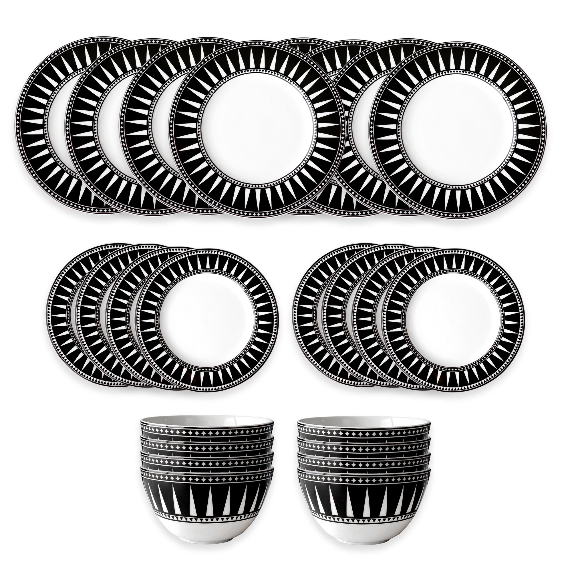 The Marrakech Table for 8 by Caskata is a 16-piece porcelain dinnerware set featuring black and white Art Deco geometric patterns, including eight plates, six side plates, and two bowls on a crisp white background.