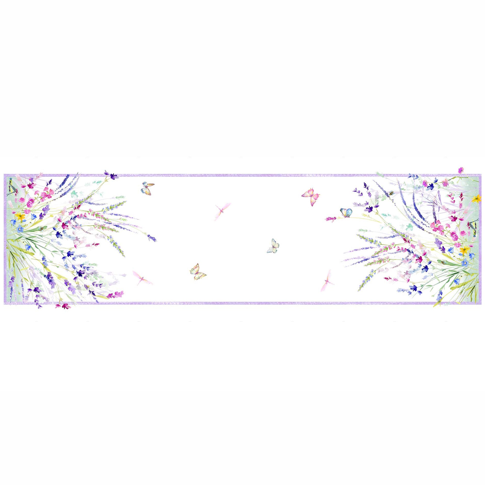 Meadow Tablecloth Runner featuring delicate floral watercolors with butterflies in shades of purple, green, and blue on Italian linen from Caskata