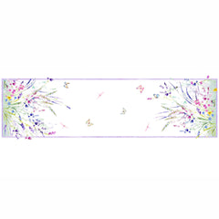 Meadow Tablecloth Runner featuring delicate floral watercolors with butterflies in shades of purple, green, and blue on Italian linen from Caskata