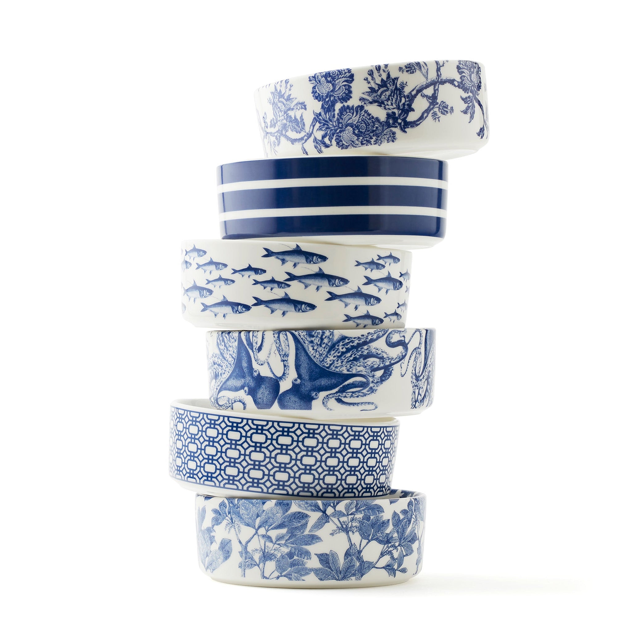 School of Fish Large Pet Bowls in blue and white porcelain from Caskata