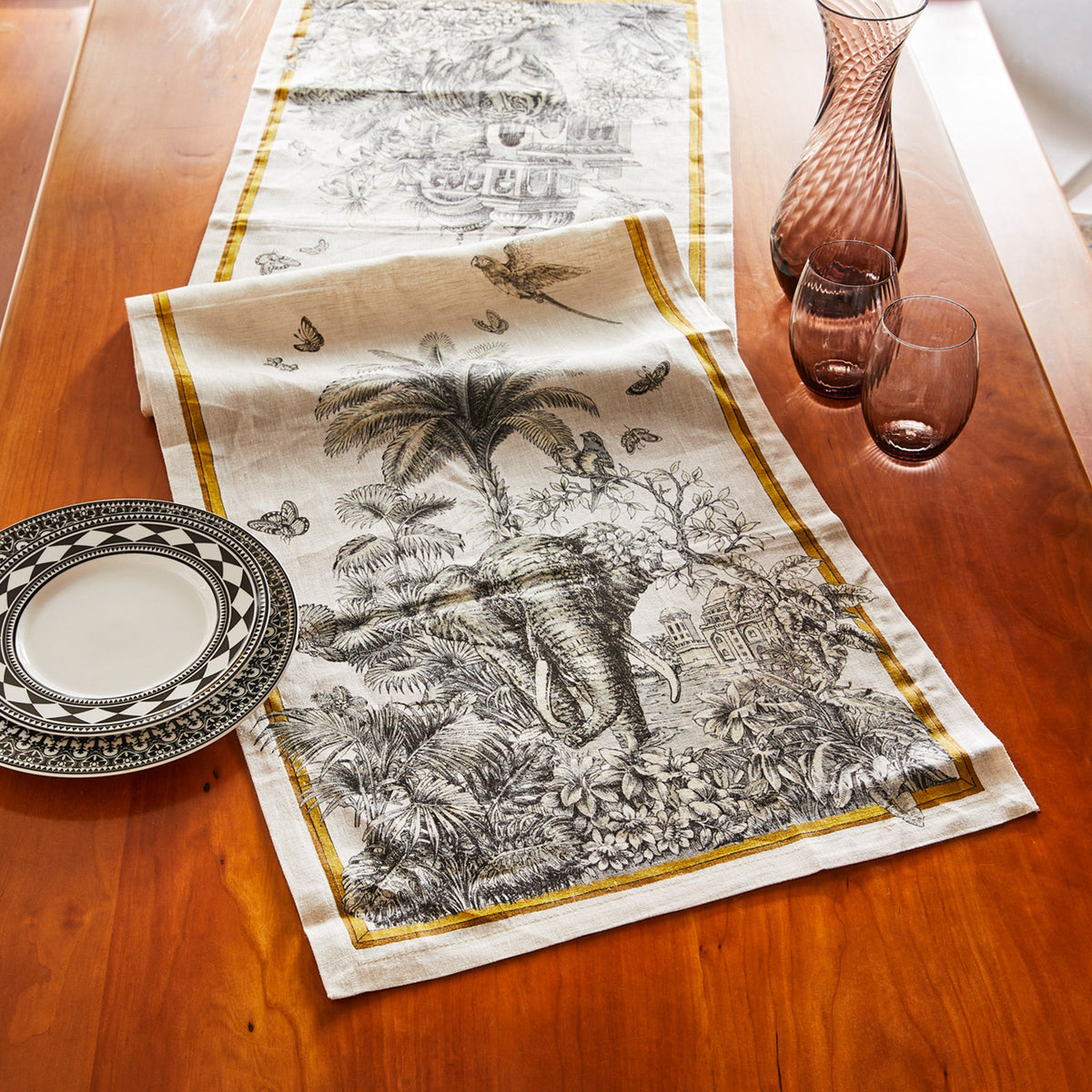 An exotic travel fantasy inspired Morocco Linen Table Runner featuring an elephant motif by TTT.